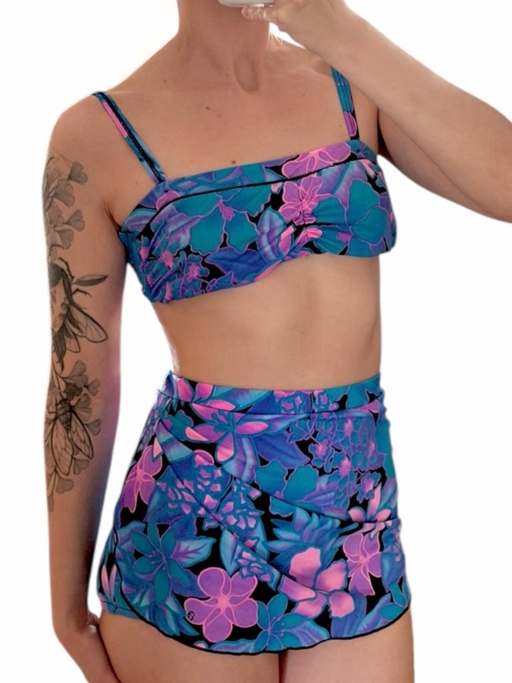 Vintage Ceeb 90s Floral Bikini Set Skort Bottoms High Waisted Adjustable Top